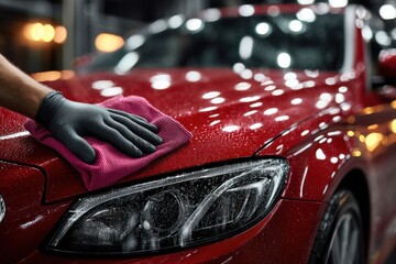 Detailing Specialist Drying a Red Automobile Hood with a Pink Microfiber Cloth and Black Protective Glove During Vehicle Wash