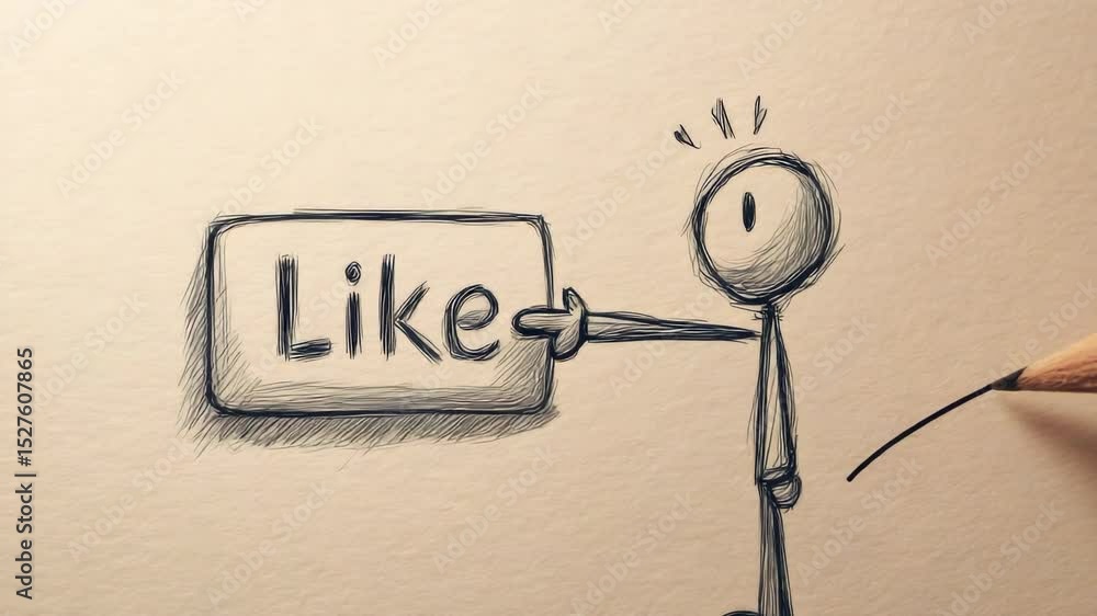 Poster creative drawing demonstration showcasing an animated character expressing joy with a like button