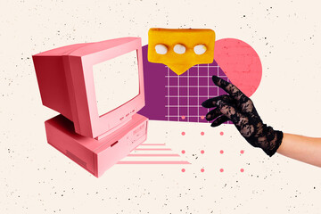 Contemporary art collage of female hand point message bubble notification correspondence pc monitor device communication