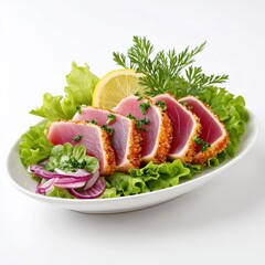 Seared tuna steaks are arranged on a bed of lettuce with lemon garnish.