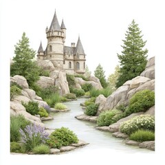 Fairytale castle sits atop rocky cliff with stream in magical environment.