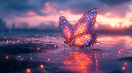 Magical Glowing Butterfly at Twilight by the Water AI Generative