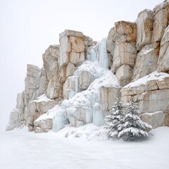 Snowy landscape featu a rocky cliff with ice formations and pine trees.