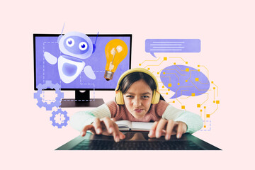 Trend photo collage of young girl idea lamp headphones type keypad computer bot artificial intelligence classwork digital student learning