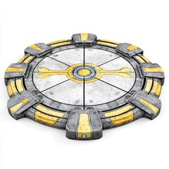 Isolated round platform with metal structure in yellow and gray colors.
