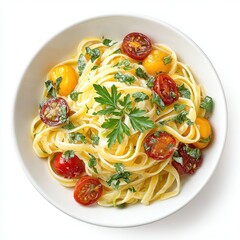 A bowl of linguine pasta is topped with cherry tomatoes and fresh parsley.