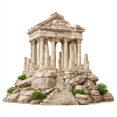 Isolated ancient greek temple ruins sit atop a rocky landscape with foliage
