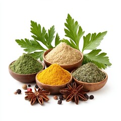 Various spices are displayed in wooden bowls with fresh herbs on white background.
