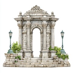 A beautiful stone archway with columns and steps stands against white sky.