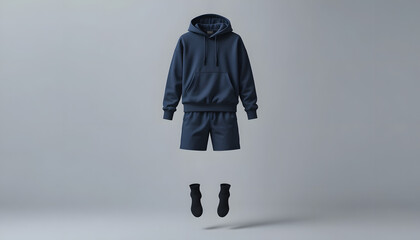 Floating Dark Blue Hoodie and Shorts with Black Socks Against a Solid Gray Background for Fashion E-commerce