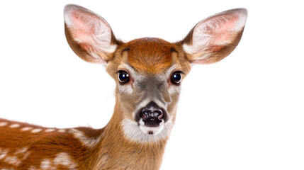 Close-up Portrait of a Young Fawn with Large Eyes and Soft Fur on a White Background
