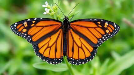 Obraz premium Monarch butterfly, vibrant orange wings, black markings, perched on a stem