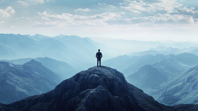 A businessman stands confidently on a mountain overlooking the landscape