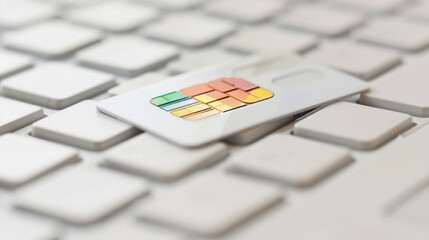 Close-Up of a SIM Card on a Modern Computer Keyboard, Highlighting Technology and Communication Elements in a Digital Environment