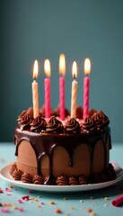 Delicious chocolate birthday cake with lit candles , anniversary, glow