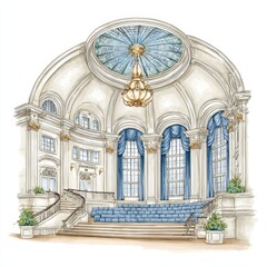 Watercolor illustration shows a grand interior with dome and blue curtains
