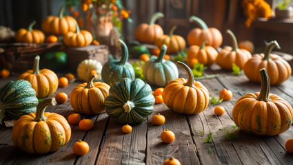 Cozy early autumn home interior, warm neutral tones, soft blankets, lit candles on a wooden table, dried leaves and pumpkins as decoration