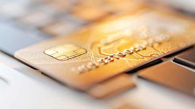 Gold Credit Card on Modern Laptop Keyboard with Soft Focus Background for Finance and Shopping Concepts