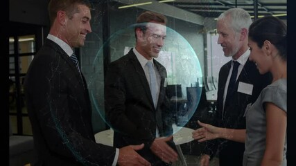 Man initiating handshake sparking business colleagues networking with pulsing digital globe - Powered by Adobe