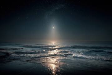 Night Sea with Waves Under a Starry Sky and Moon, Coastal Landscape, Dreamy Scene, Tranquil Waterscape