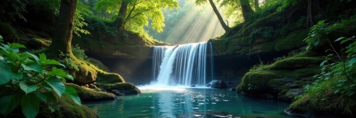 Hidden waterfall in deep forest, sunlight filtering through canopy, wild, sunlight