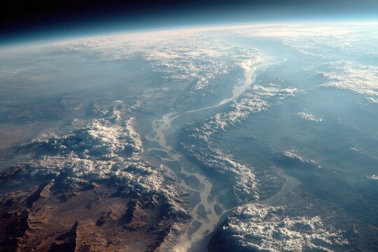 Dramatic Earth view displaying river systems, mountain range and cloud cover seen from the edge of space