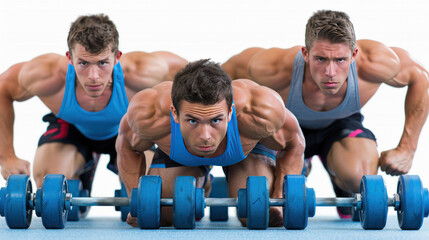 Group of Fit Men Engaged in Intense Push-Up Workout with Dumbbells in Modern Gym Setting