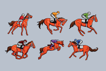 Horse Race Riding Jockey Various Pose Vibrant Colored Vector Set Collection