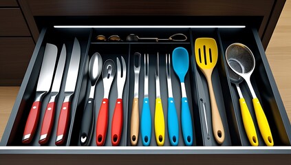modern kitchen drawers containing a variety of cooking utensils and tools, created with generative ai