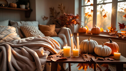 Cozy early autumn home interior, warm neutral tones, soft blankets, lit candles on a wooden table, dried leaves and pumpkins as decoration