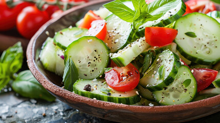 Vegetable Salad with Cucumbers, Tomatoes, and Basil, Ideal for Healthy Eating and Summer Gatherings, Garnished with Olive Oil and Spices