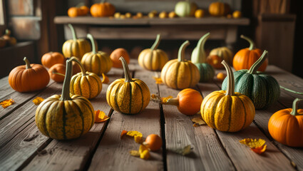 Cozy early autumn home interior, warm neutral tones, soft blankets, lit candles on a wooden table, dried leaves and pumpkins as decoration