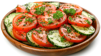 Sliced Tomato and Cucumber Salad Garnished with Fresh Herbs on a Wooden Plate