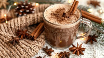 Cozy hot chocolate with cinnamon and star anise on knitted scarf, decorated with pine cones and holiday lights for winter ambiance