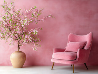 Cozy pink armchair with matching cushion sits beside large vase of blossoming pink flowers against textured pink wall, creating serene and elegant atmosphere