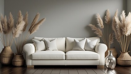 Minimalist Living Room Design with Creamy-White Sofa and Pampas Grass Decor, A cozy Home interior in warm beige tones, created with generative ai