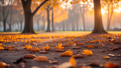 Early signs of autumn in a quiet park, fallen leaves on the ground, warm golden sunlight filtering through trees