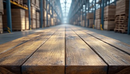 Obraz premium Wooden table inside a warehouse