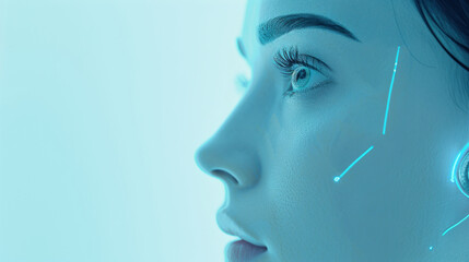 Close-Up of a Woman's Face with Neon Facial Markings and High-Tech Elements in a Cool Blue Tone