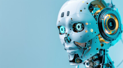Futuristic humanoid robot head showcasing intricate design and details with glowing elements against a light blue backdrop