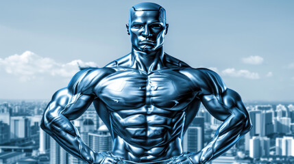 Muscular Metallic Figure with City Skyline in Background Symbolizing Strength and Future Technology