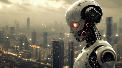 Futuristic Robot Contemplating Urban Landscape with Neon Lights and Skyscrapers at Dusk