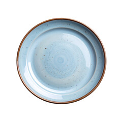 A ceramic plate with a smooth blue surface and a brown rim, featuring subtle speckles and a central swirl design.