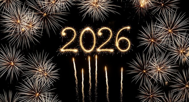 2026 celebration with fireworks and new year's eve on black background