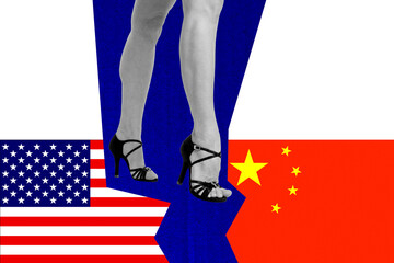 Composite sketch design artwork collage of usa chaine flag woman legs walk crack business...
