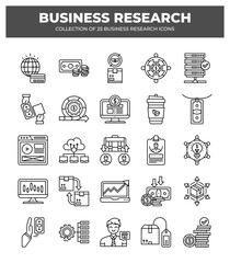 Collection of 25 Business Research Icons:  Visualizing Market Trends. Data Analysis. and Business Strategies