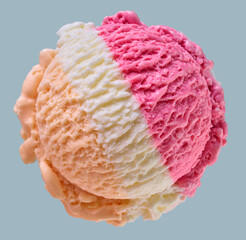 Eiskugel Tricolor Mango Vanille Himbeere, Eiscreme, isoliert, Eisdiele, 