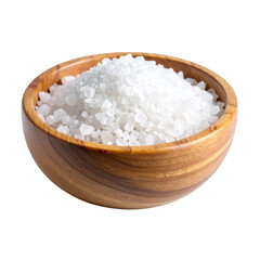 A wooden bowl filled with coarse white salt granules.