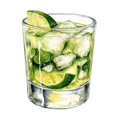 Caipirinha cocktail with crushed ice and lime slices in a short glass. Watercolor illustration isolated on transparent background. Traditional Brazilian drink with cachaca