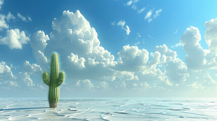 Solitary Cactus Standing Tall Against a Vast Sky with Fluffy Clouds and Desert Landscape